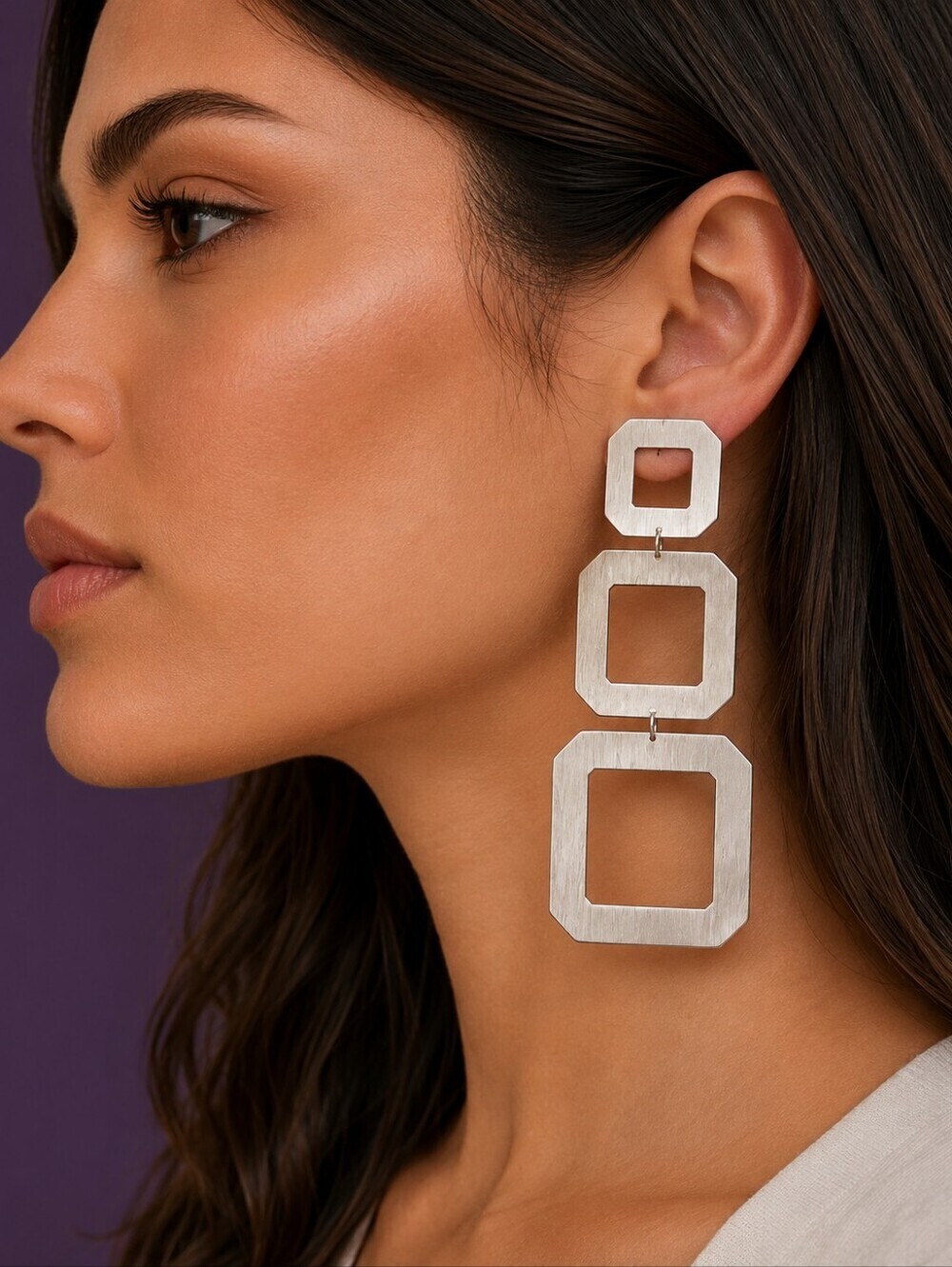 3/$30 CATO Extra Long Modern Brushed Matte Geometric Triple-Square Drop Earrings